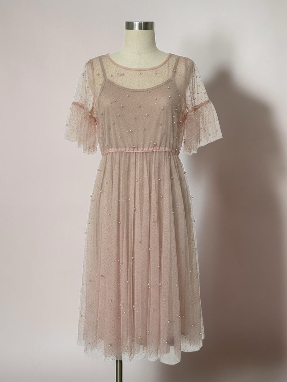 Whimsical Irridescent Sparkly Light Pink Tulle Pearl Gold Embellished Dress, S